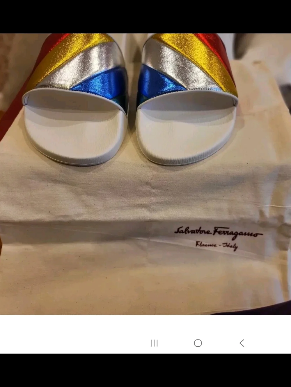 Salvatore Ferragamo Groove Multicolor Rainbow Leathr Metallic Slides Size 9M NWB